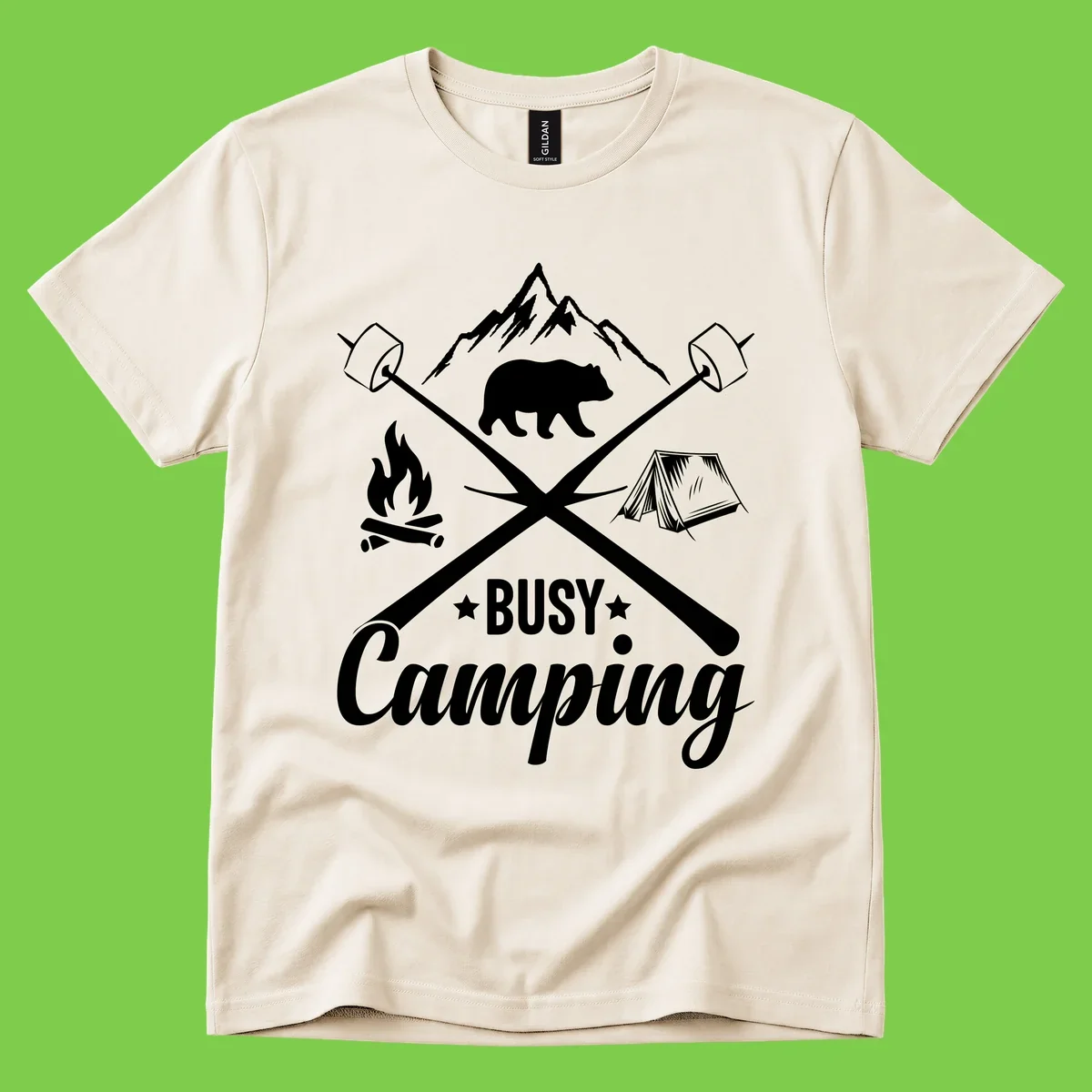 Busy camping badge design with bear, mountains, crossed axes, campfire, and tent on gray background