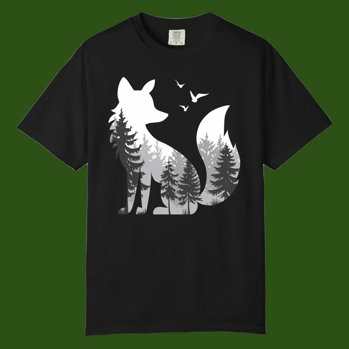 Forest fox double exposure illustration with evergreen trees and flying birds in black, gray, and white silhouettes