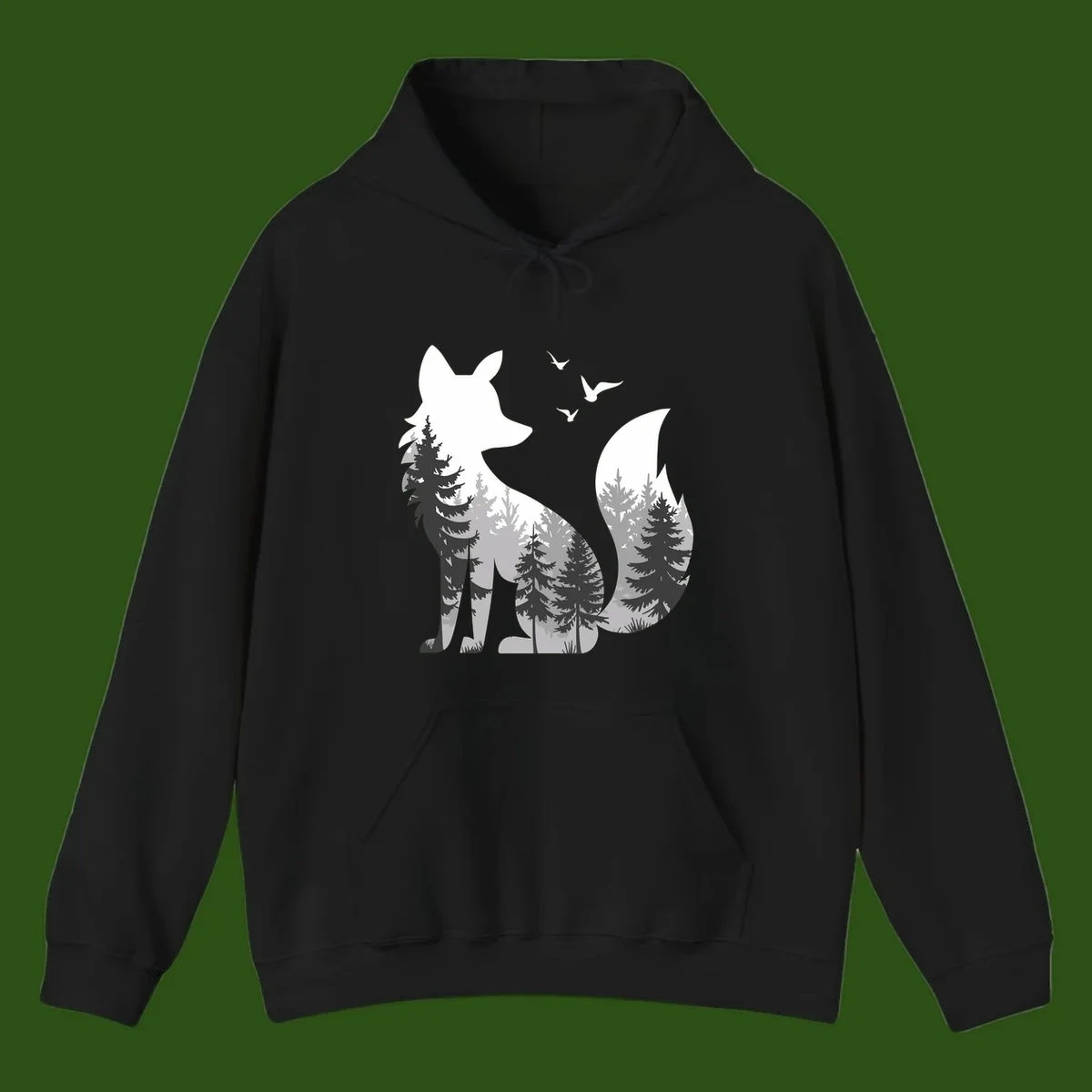 Forest fox double exposure illustration with evergreen trees and flying birds in black, gray, and white silhouettes