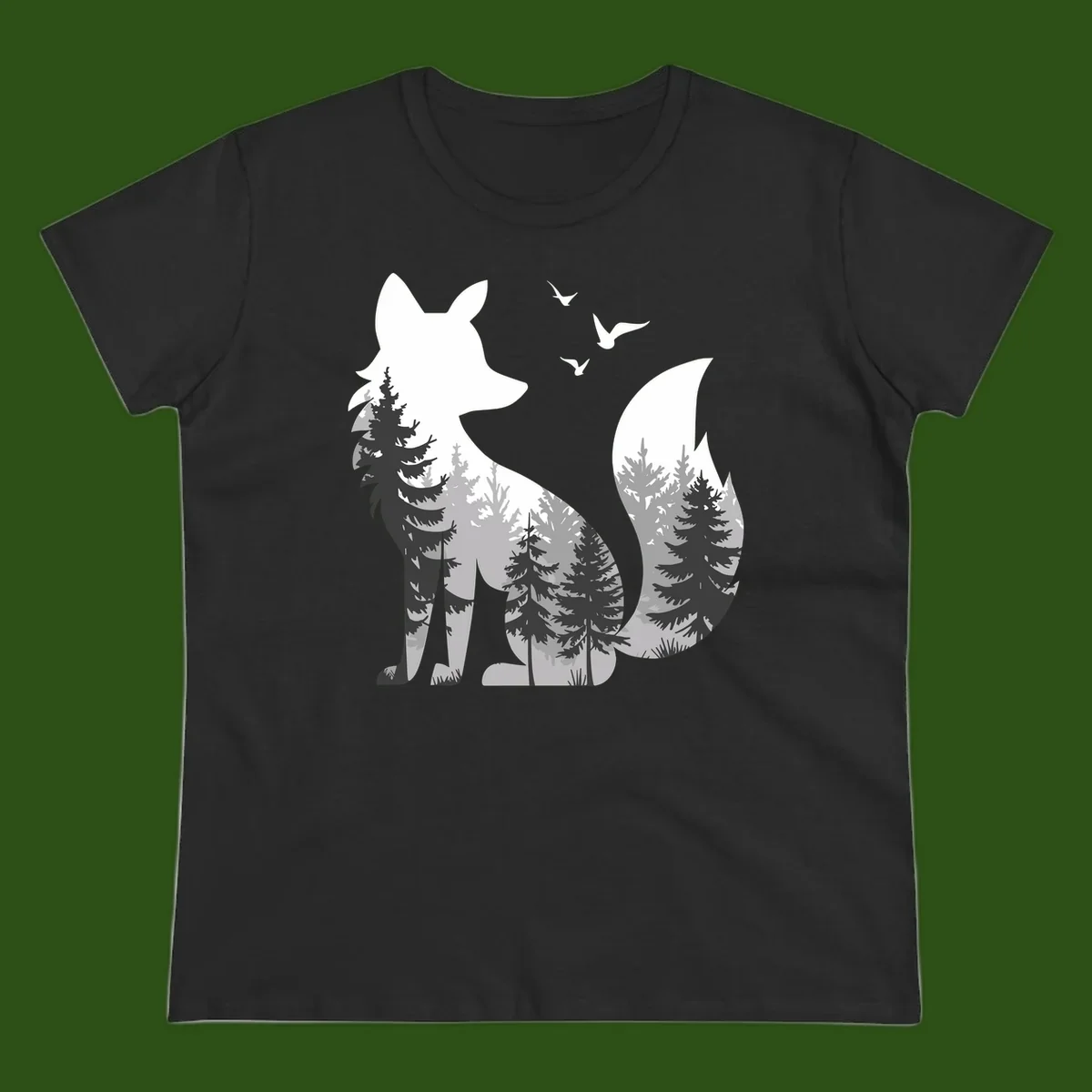 Forest fox double exposure illustration with evergreen trees and flying birds in black, gray, and white silhouettes