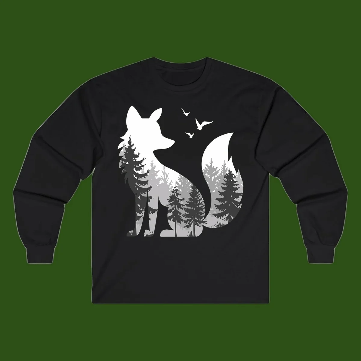 Forest fox double exposure illustration with evergreen trees and flying birds in black, gray, and white silhouettes