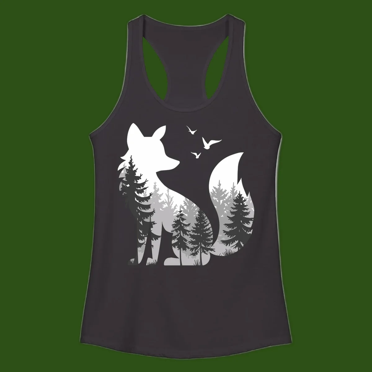 Forest fox double exposure illustration with evergreen trees and flying birds in black, gray, and white silhouettes