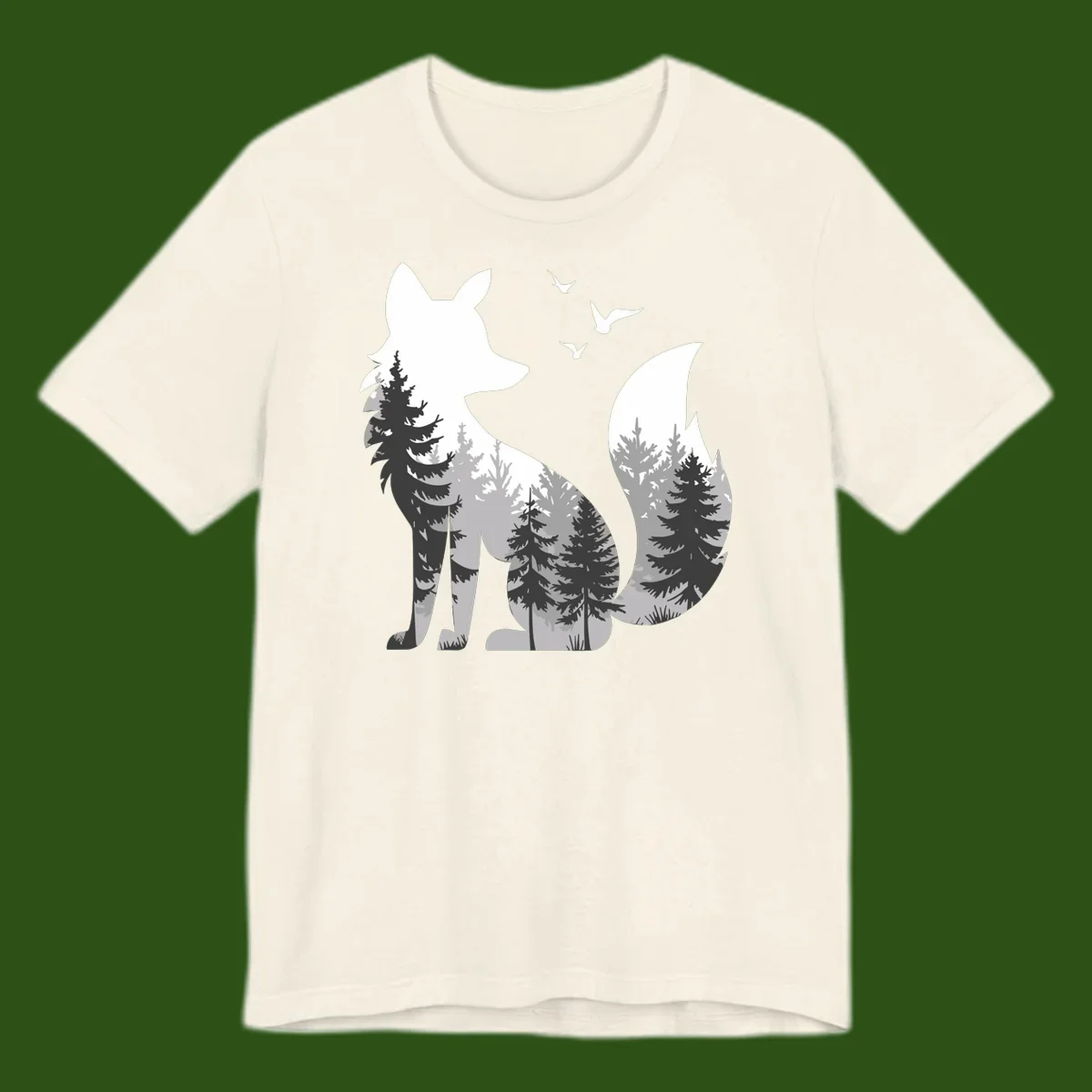 Forest fox double exposure illustration with evergreen trees and flying birds in black, gray, and white silhouettes