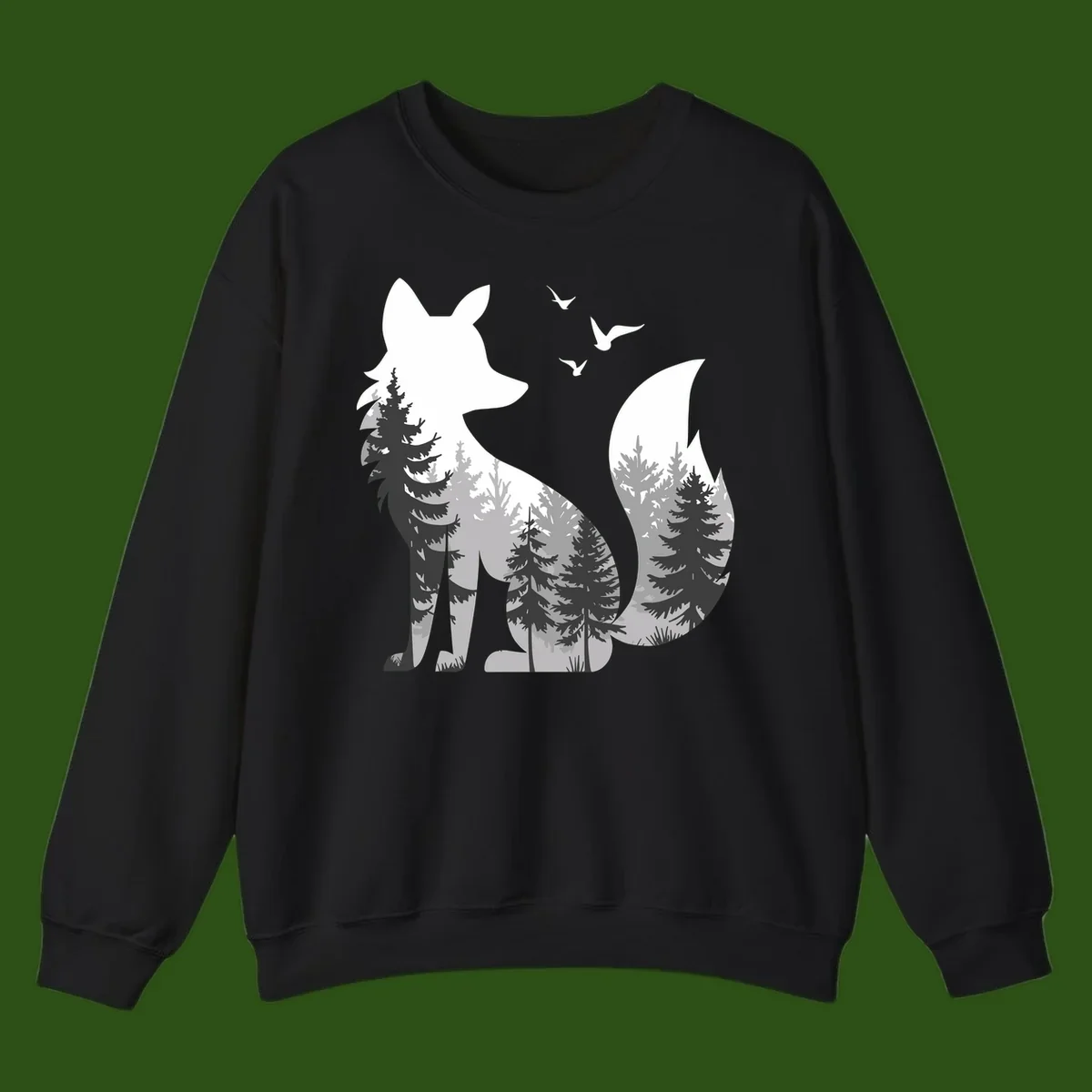 Forest fox double exposure illustration with evergreen trees and flying birds in black, gray, and white silhouettes