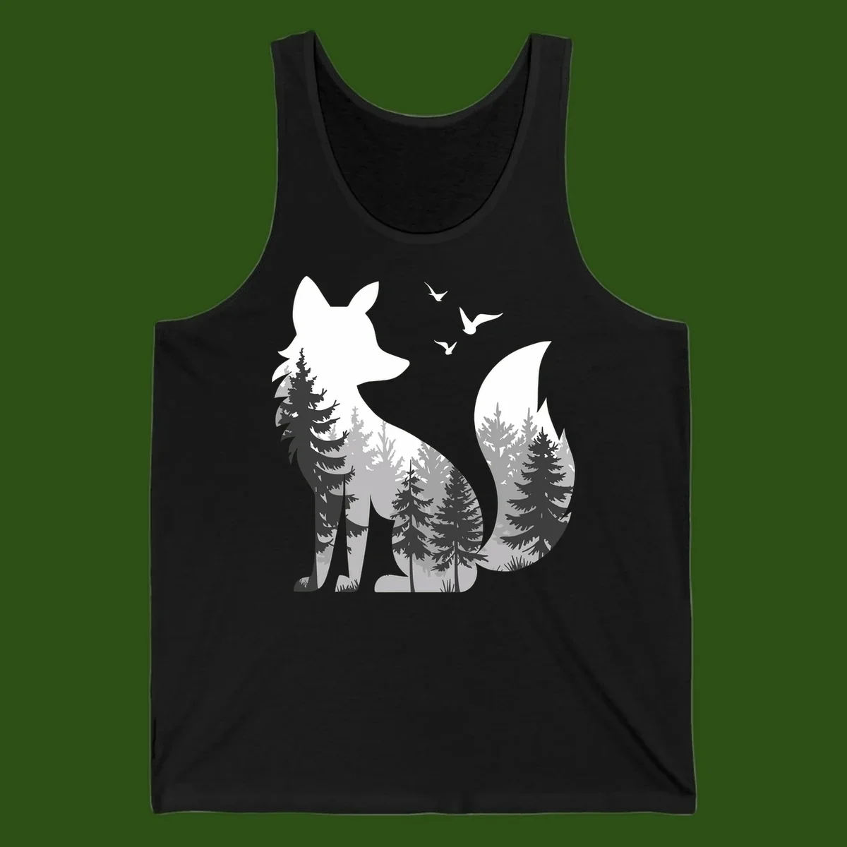 Forest fox double exposure illustration with evergreen trees and flying birds in black, gray, and white silhouettes