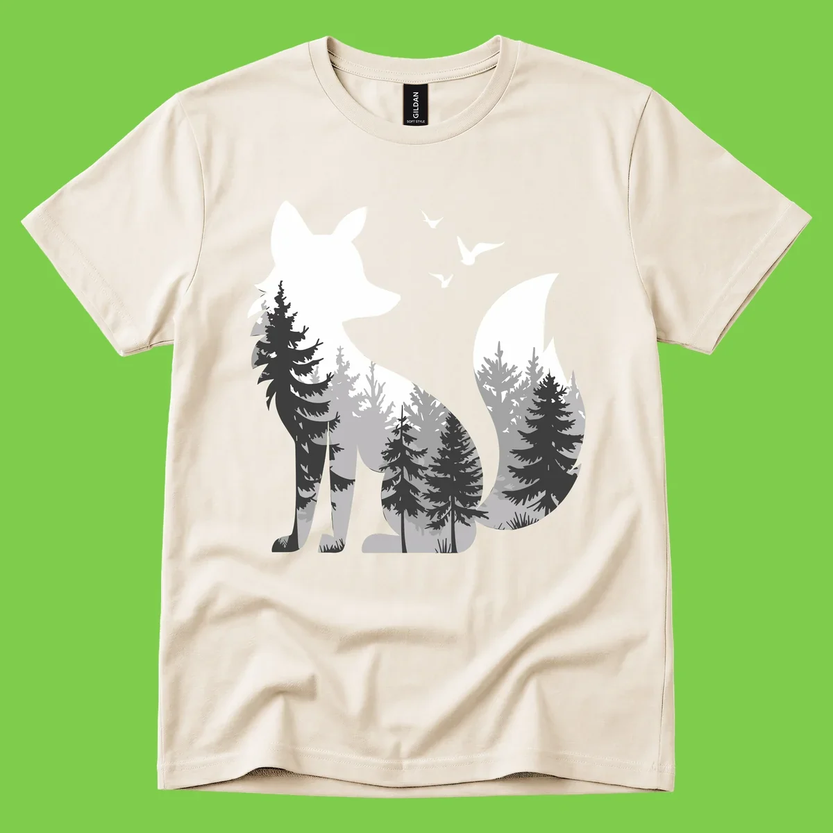 Forest fox double exposure illustration with evergreen trees and flying birds in black, gray, and white silhouettes