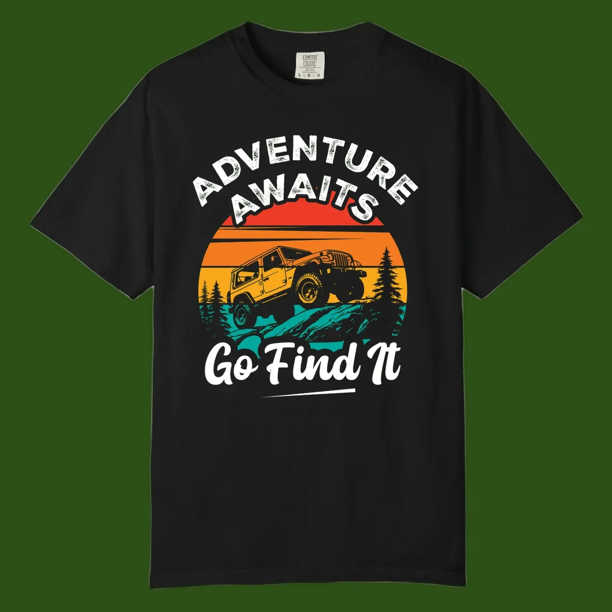 Vintage sunset-layered jeep adventure scene with mountains and pine trees, text reads Adventure Awaits Go Find It