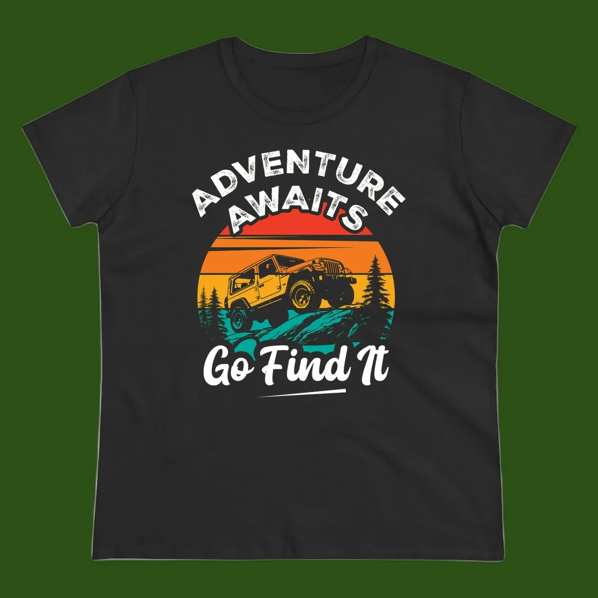 Vintage sunset-layered jeep adventure scene with mountains and pine trees, text reads Adventure Awaits Go Find It