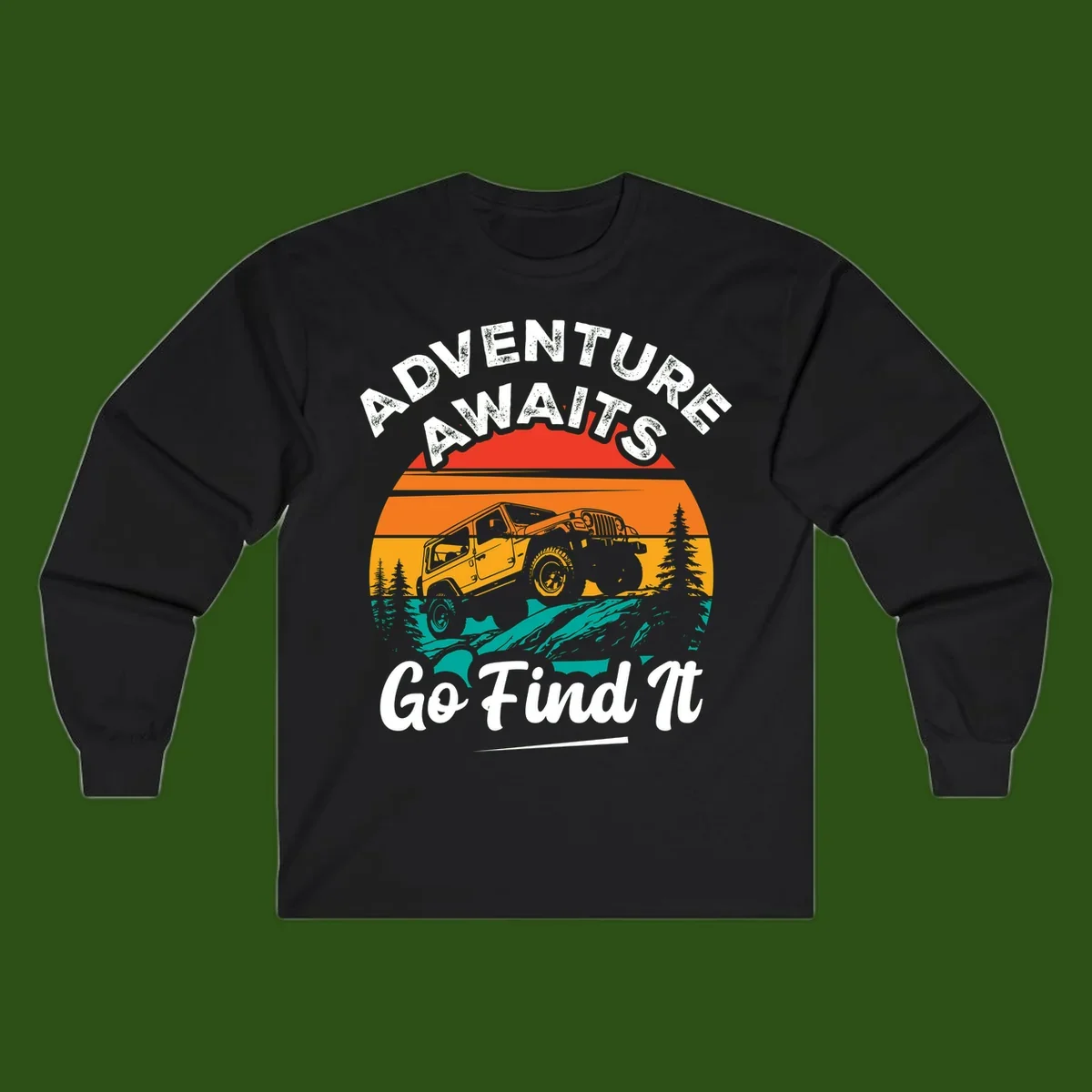 Vintage sunset-layered jeep adventure scene with mountains and pine trees, text reads Adventure Awaits Go Find It