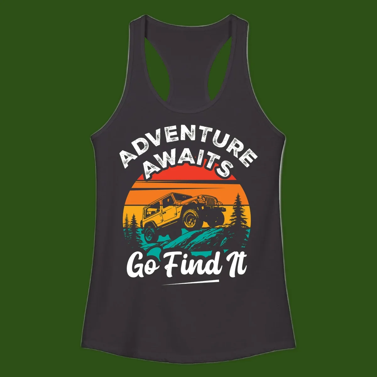 Vintage sunset-layered jeep adventure scene with mountains and pine trees, text reads Adventure Awaits Go Find It