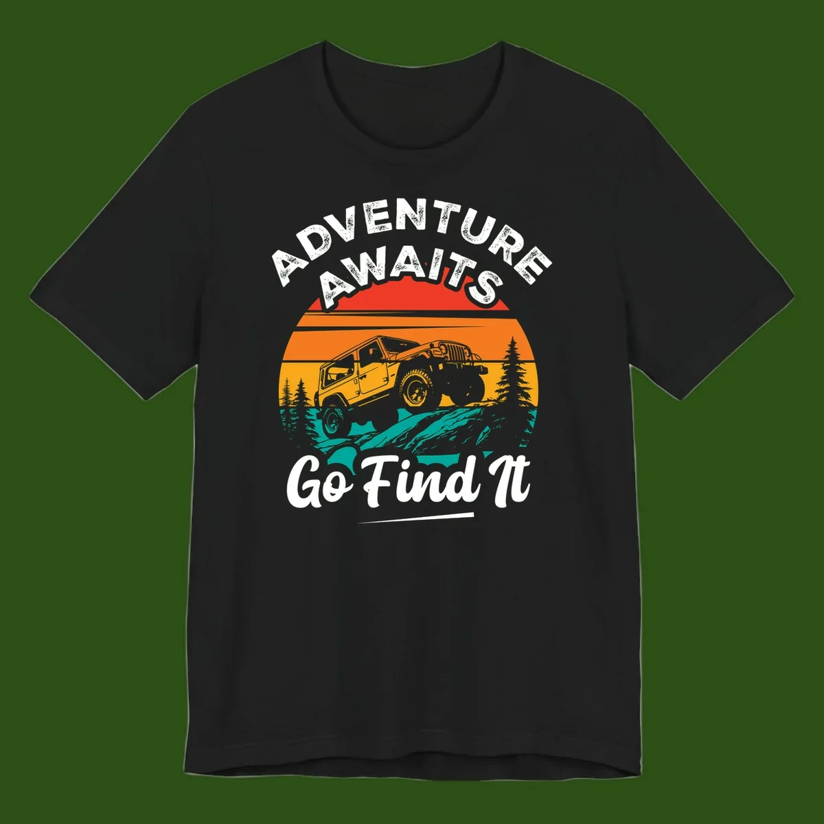 Vintage sunset-layered jeep adventure scene with mountains and pine trees, text reads Adventure Awaits Go Find It