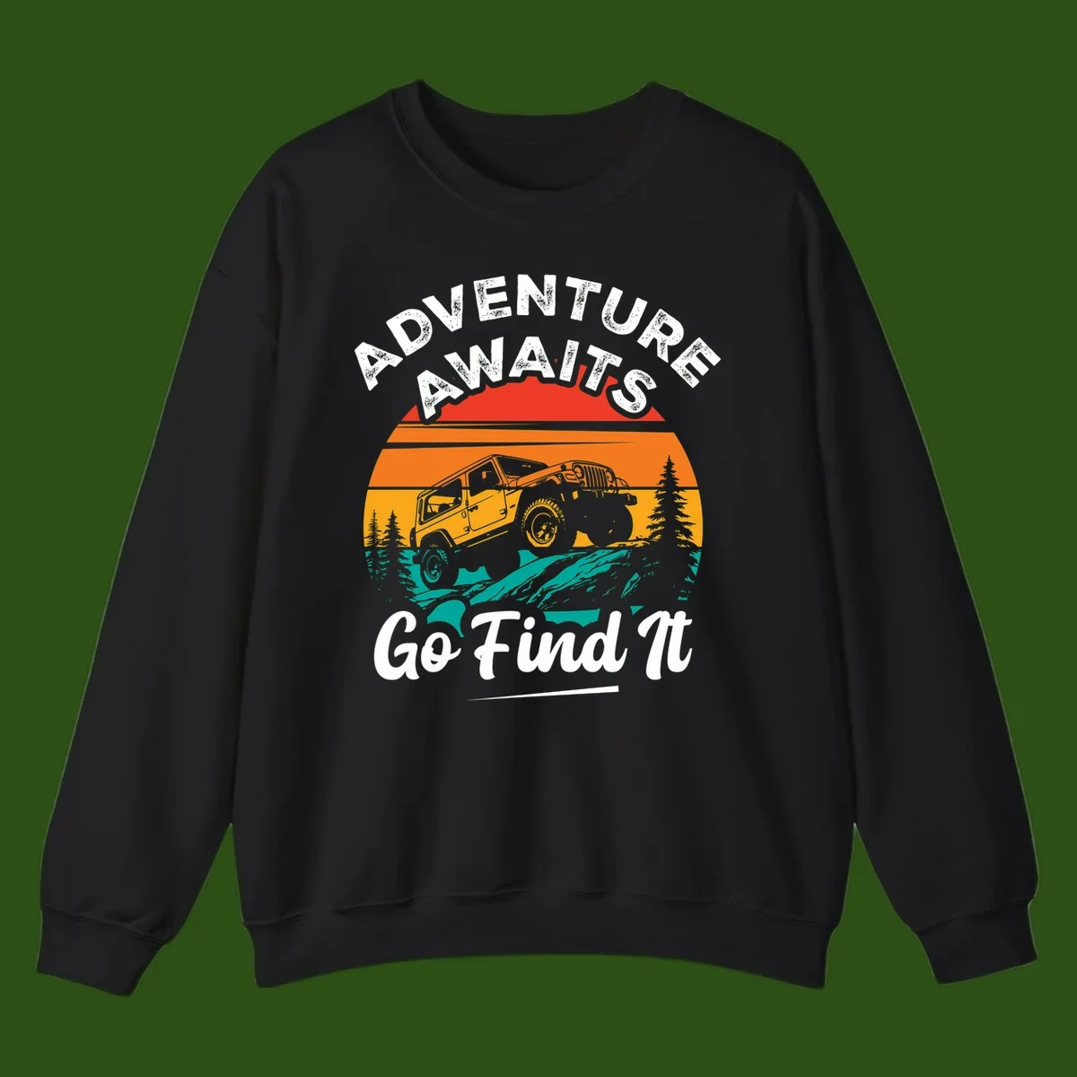 Vintage sunset-layered jeep adventure scene with mountains and pine trees, text reads Adventure Awaits Go Find It