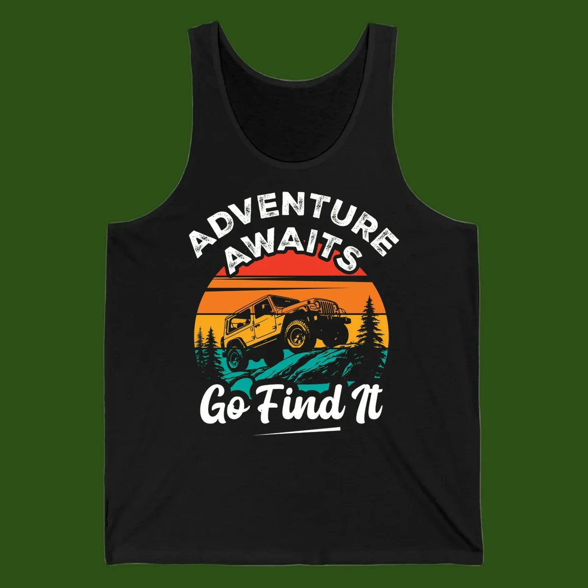 Vintage sunset-layered jeep adventure scene with mountains and pine trees, text reads Adventure Awaits Go Find It