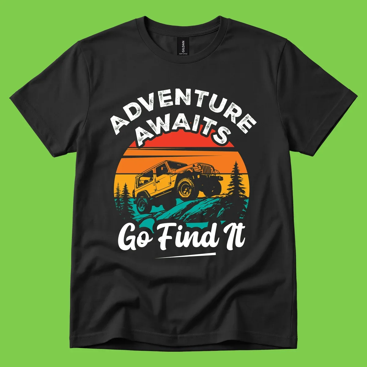 Vintage sunset-layered jeep adventure scene with mountains and pine trees, text reads Adventure Awaits Go Find It