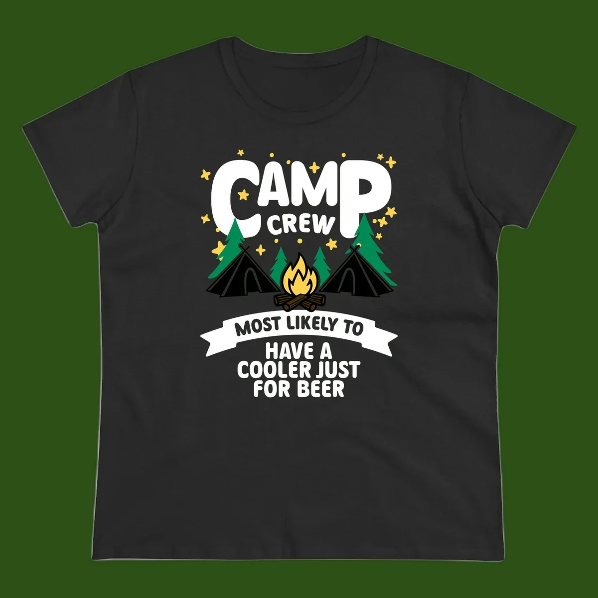 Camp crew cooler beer design showing campfire, teepees, and trees with humorous camping text on gray background.