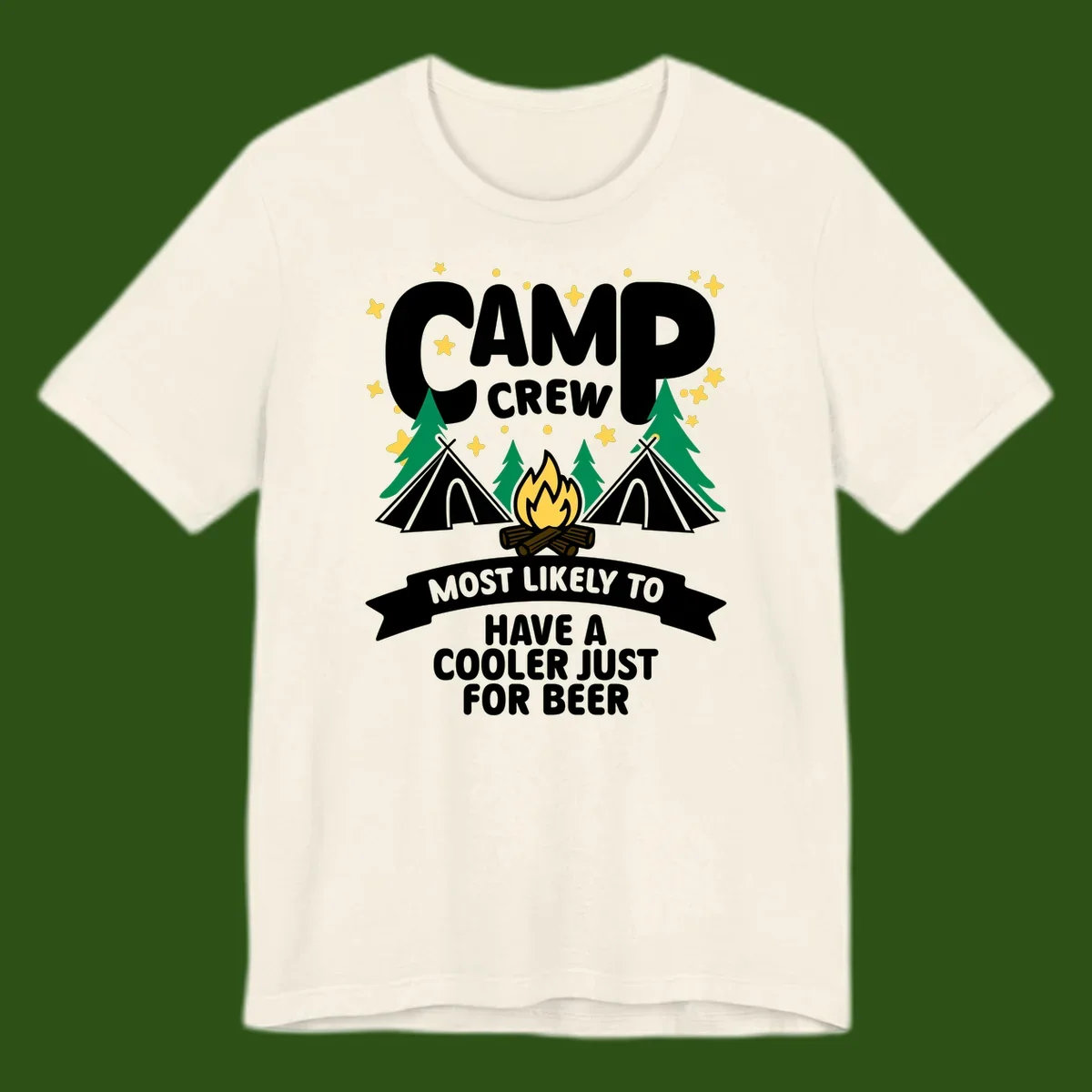 Camp crew cooler beer design showing campfire, teepees, and trees with humorous camping text on gray background.