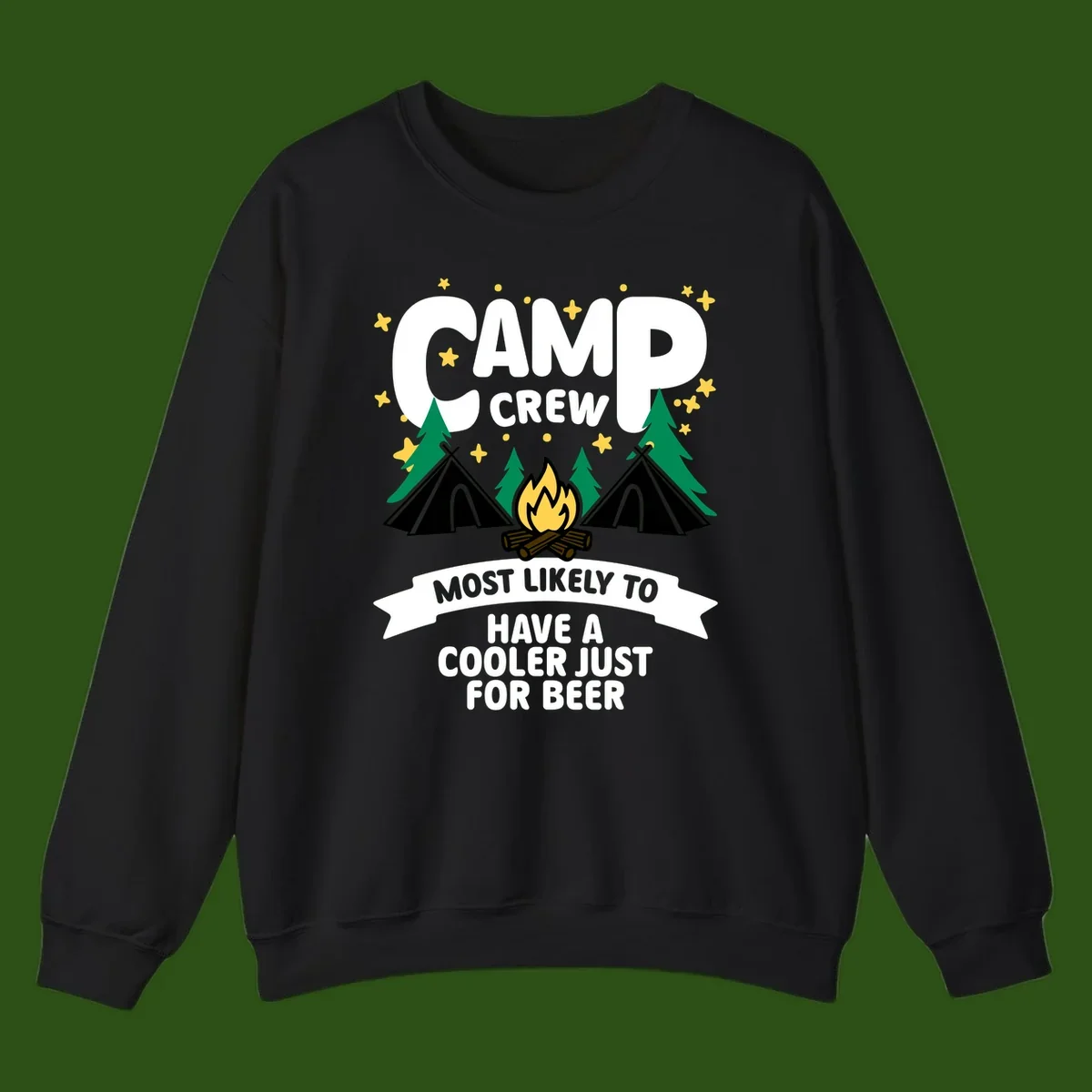 Camp crew cooler beer design showing campfire, teepees, and trees with humorous camping text on gray background.