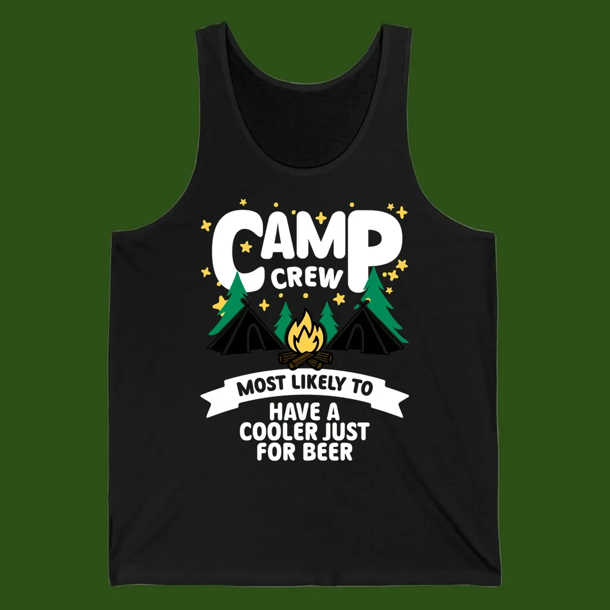 Camp crew cooler beer design showing campfire, teepees, and trees with humorous camping text on gray background.