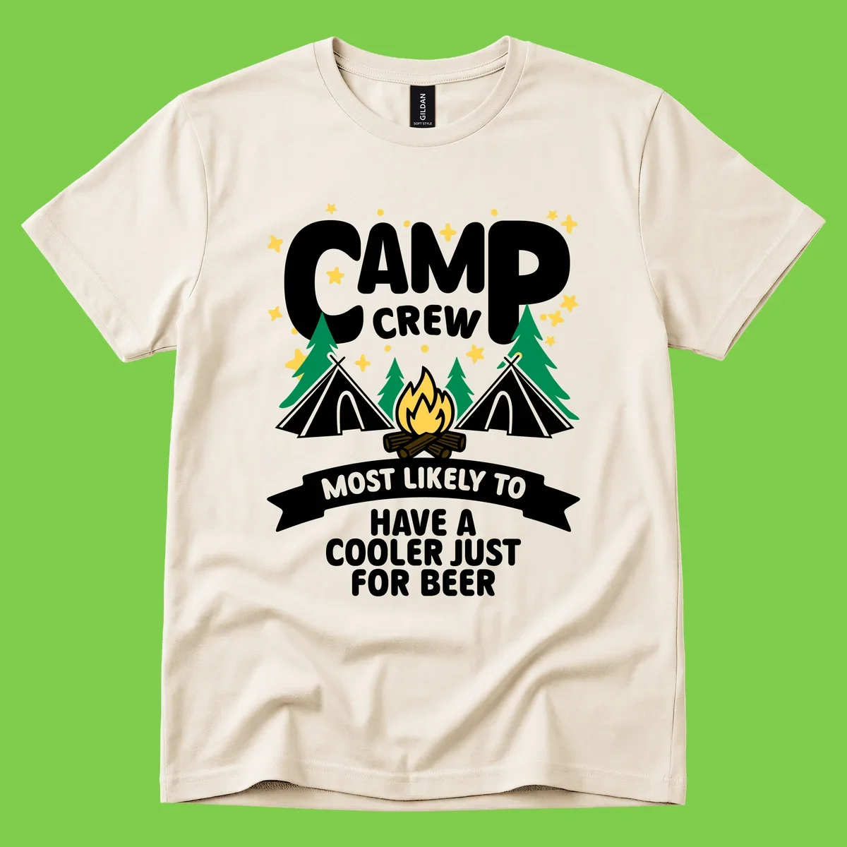 Camp crew cooler beer design showing campfire, teepees, and trees with humorous camping text on gray background.