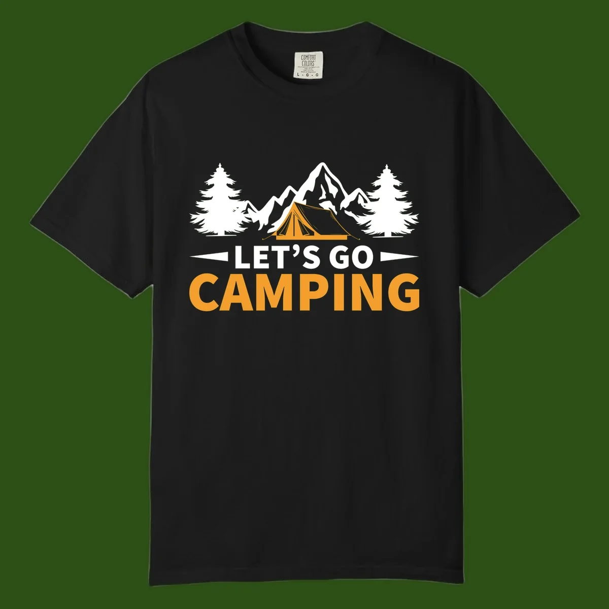 Let's go camping tent design with orange tent, snow mountains, evergreen trees, and bold text on gray background