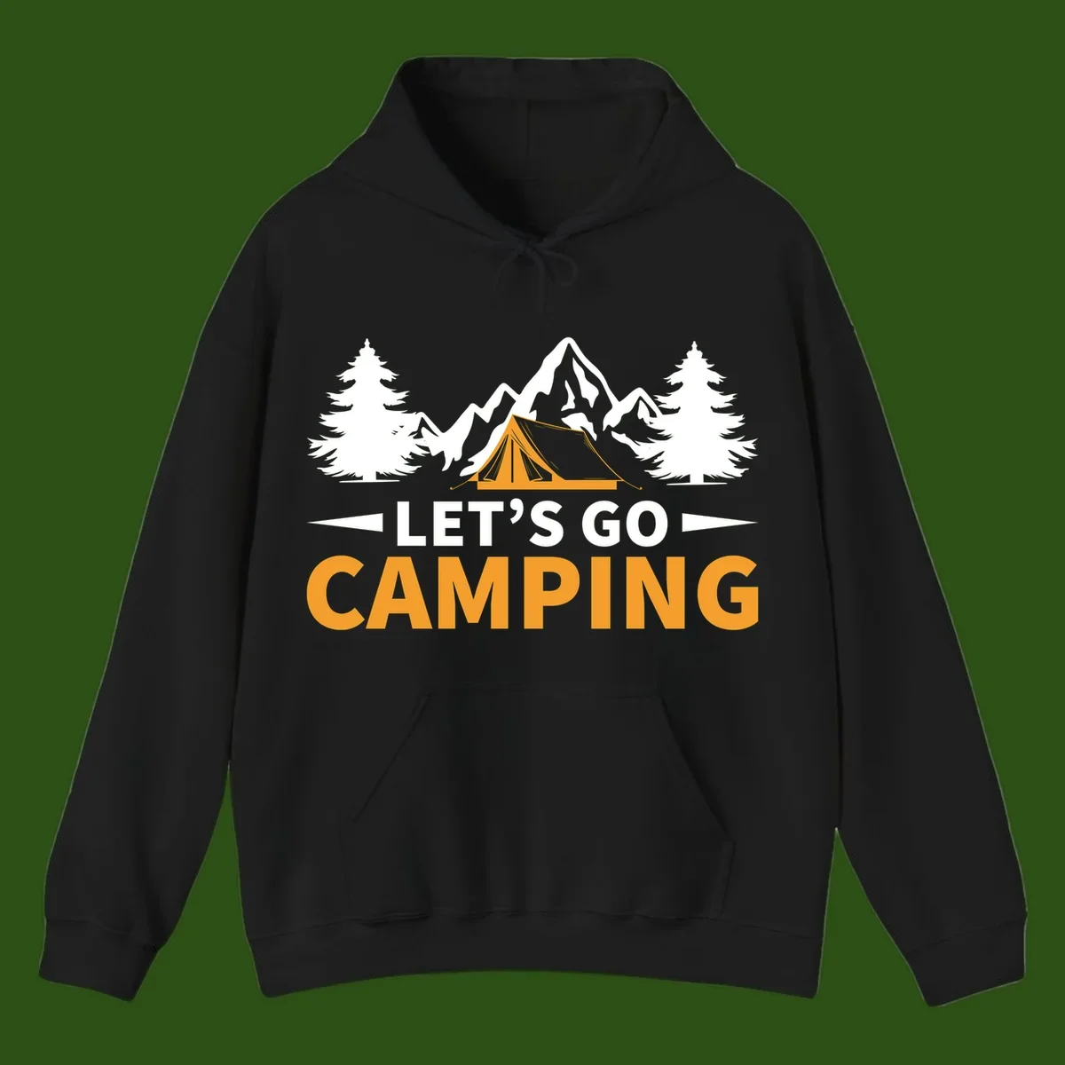 Let's go camping tent design with orange tent, snow mountains, evergreen trees, and bold text on gray background
