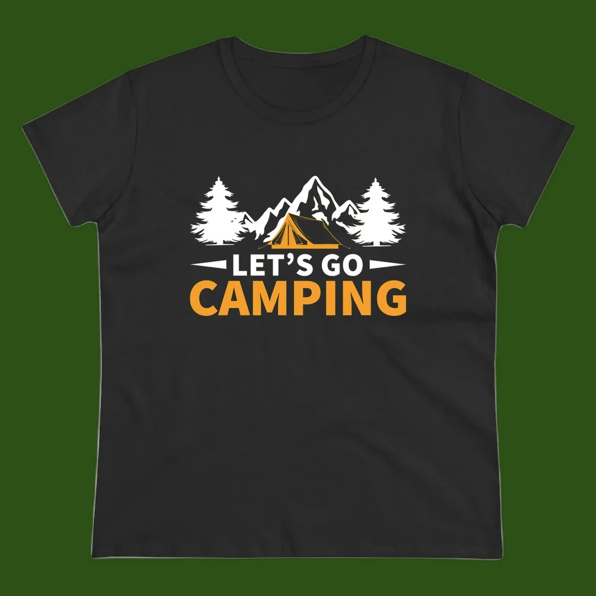 Let's go camping tent design with orange tent, snow mountains, evergreen trees, and bold text on gray background