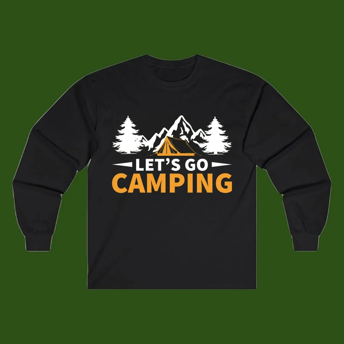 Let's go camping tent design with orange tent, snow mountains, evergreen trees, and bold text on gray background