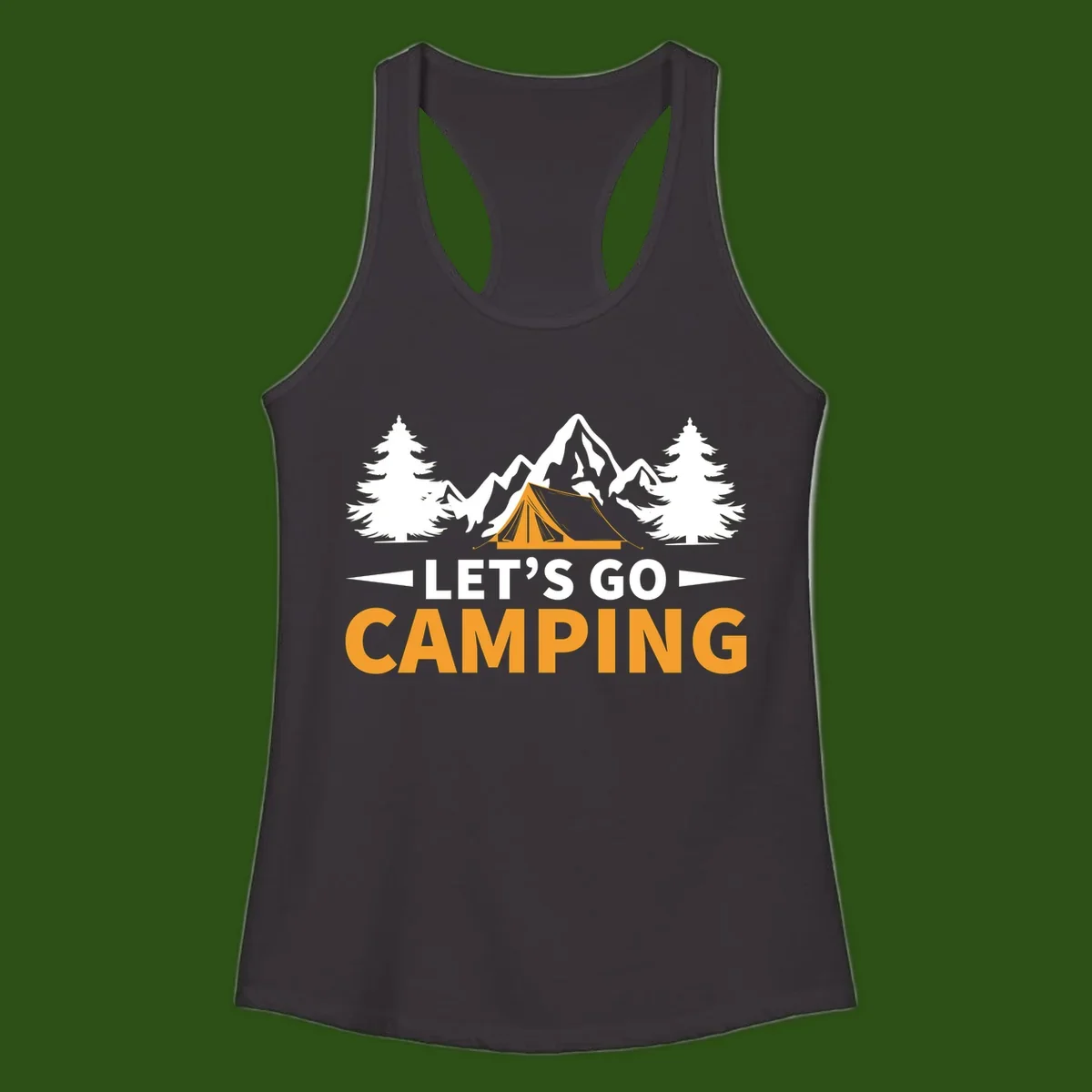 Let's go camping tent design with orange tent, snow mountains, evergreen trees, and bold text on gray background