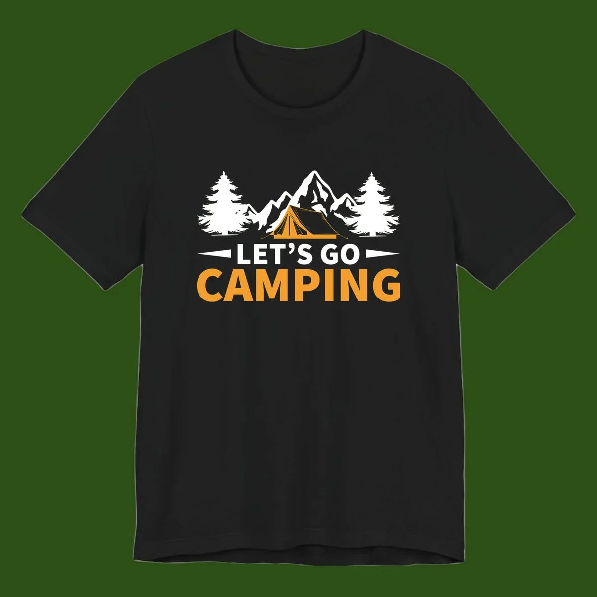 Let's go camping tent design with orange tent, snow mountains, evergreen trees, and bold text on gray background