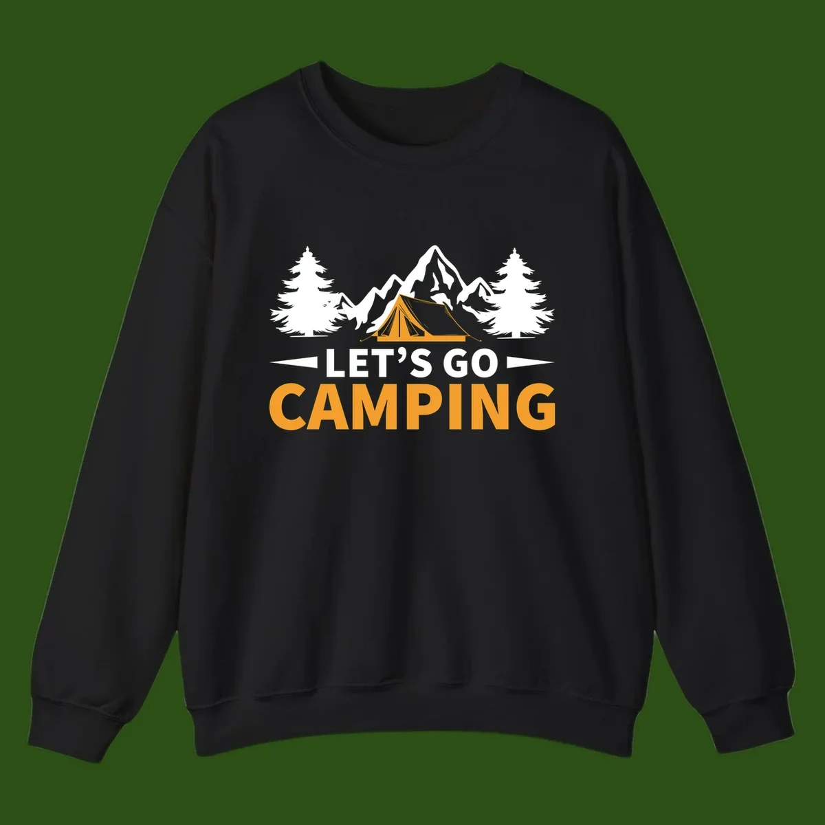 Let's go camping tent design with orange tent, snow mountains, evergreen trees, and bold text on gray background
