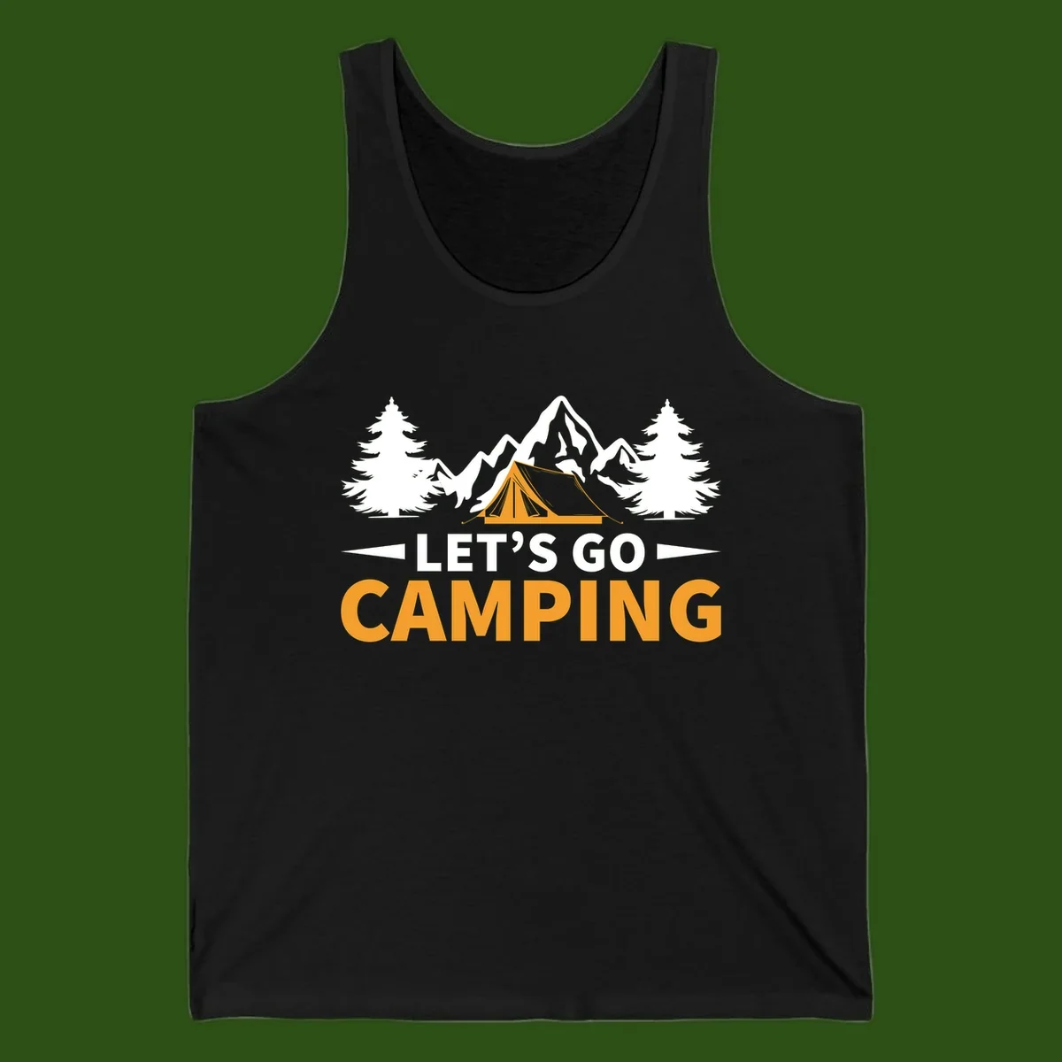 Let's go camping tent design with orange tent, snow mountains, evergreen trees, and bold text on gray background