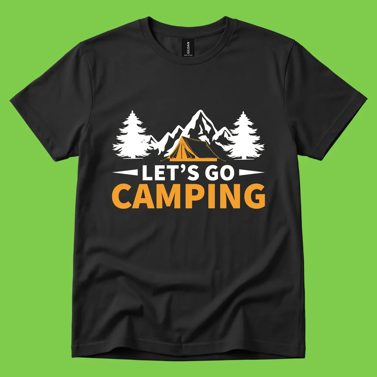 Let's go camping tent design with orange tent, snow mountains, evergreen trees, and bold text on gray background