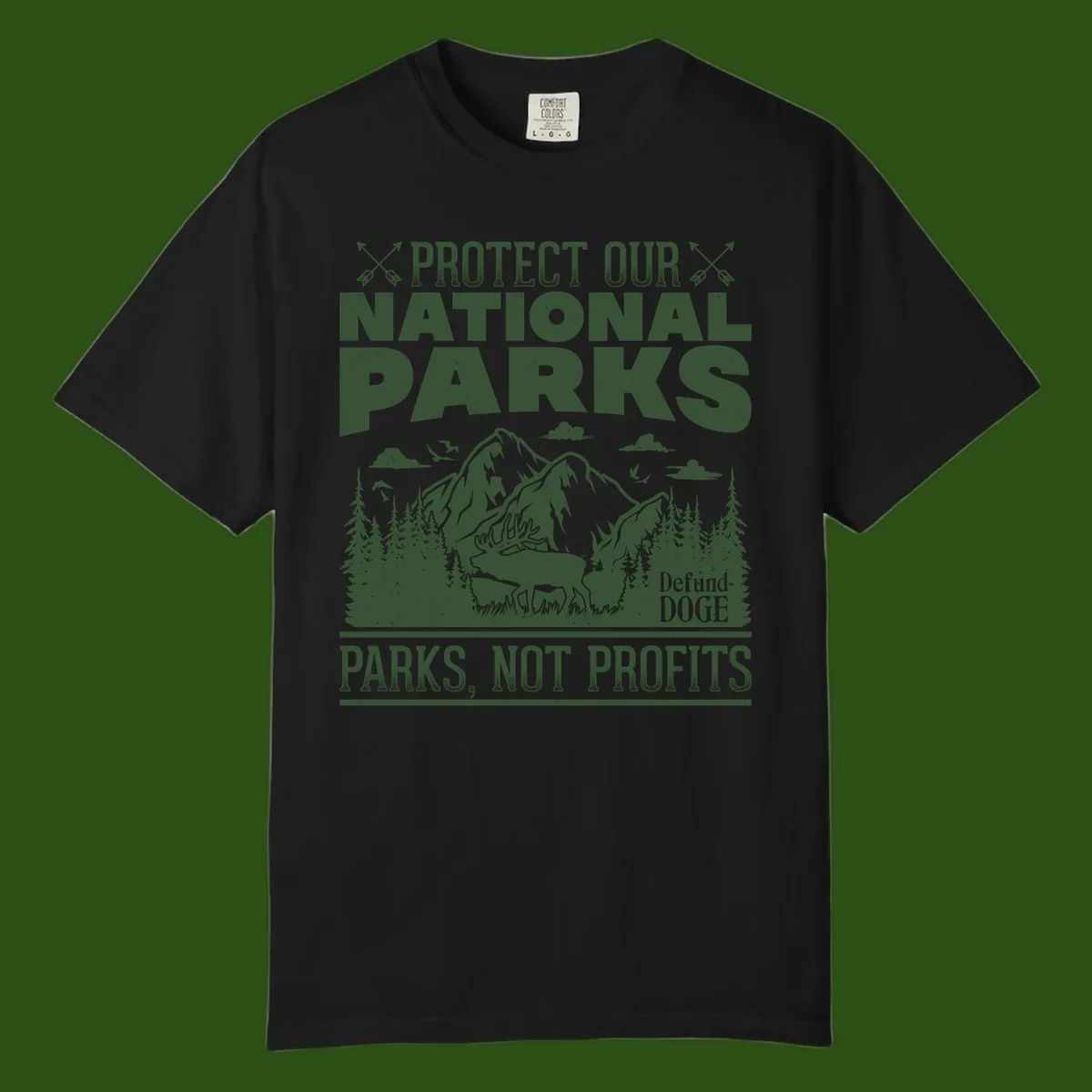 Vintage-style illustration with mountains, forests, deer and text reading 'Protect Our National Parks' and 'Parks, Not Profits' promoting conservation activism.
