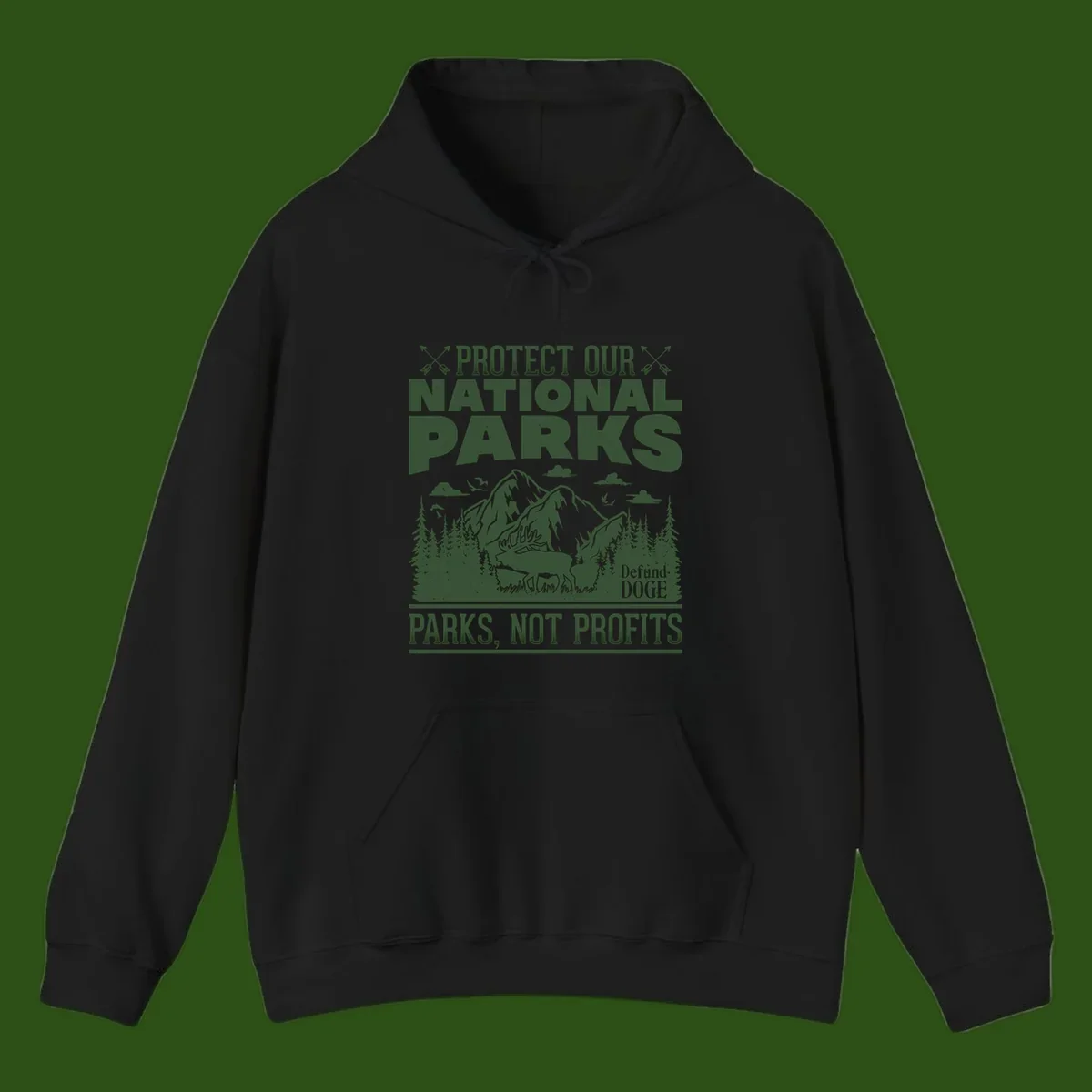 Vintage-style illustration with mountains, forests, deer and text reading 'Protect Our National Parks' and 'Parks, Not Profits' promoting conservation activism.
