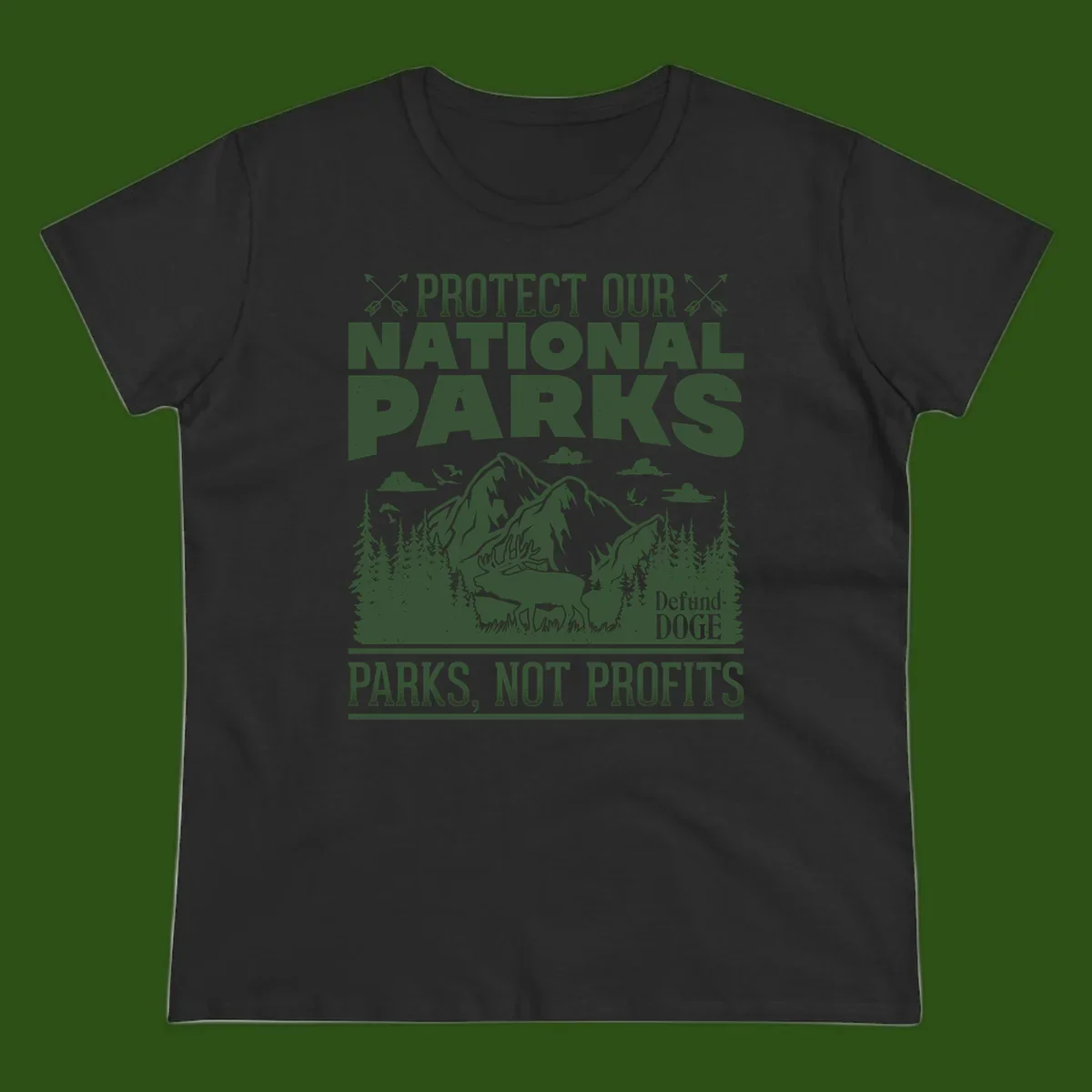 Vintage-style illustration with mountains, forests, deer and text reading 'Protect Our National Parks' and 'Parks, Not Profits' promoting conservation activism.