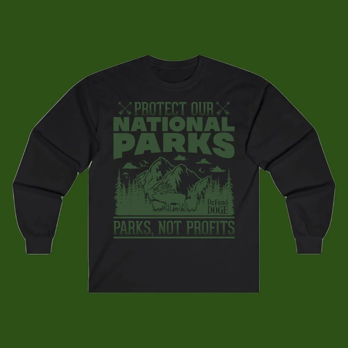 Vintage-style illustration with mountains, forests, deer and text reading 'Protect Our National Parks' and 'Parks, Not Profits' promoting conservation activism.