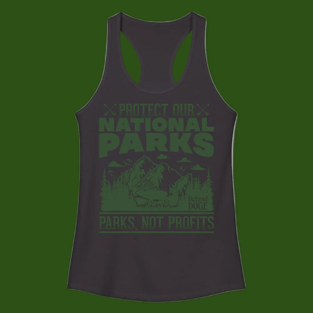 Vintage-style illustration with mountains, forests, deer and text reading 'Protect Our National Parks' and 'Parks, Not Profits' promoting conservation activism.