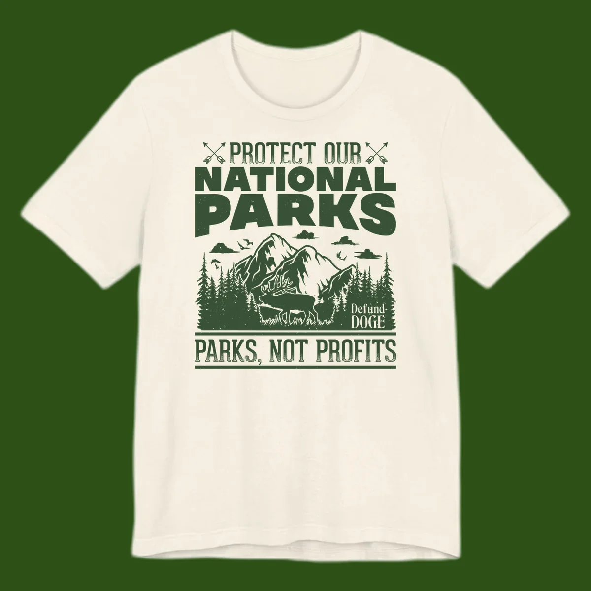 Vintage-style illustration with mountains, forests, deer and text reading 'Protect Our National Parks' and 'Parks, Not Profits' promoting conservation activism.