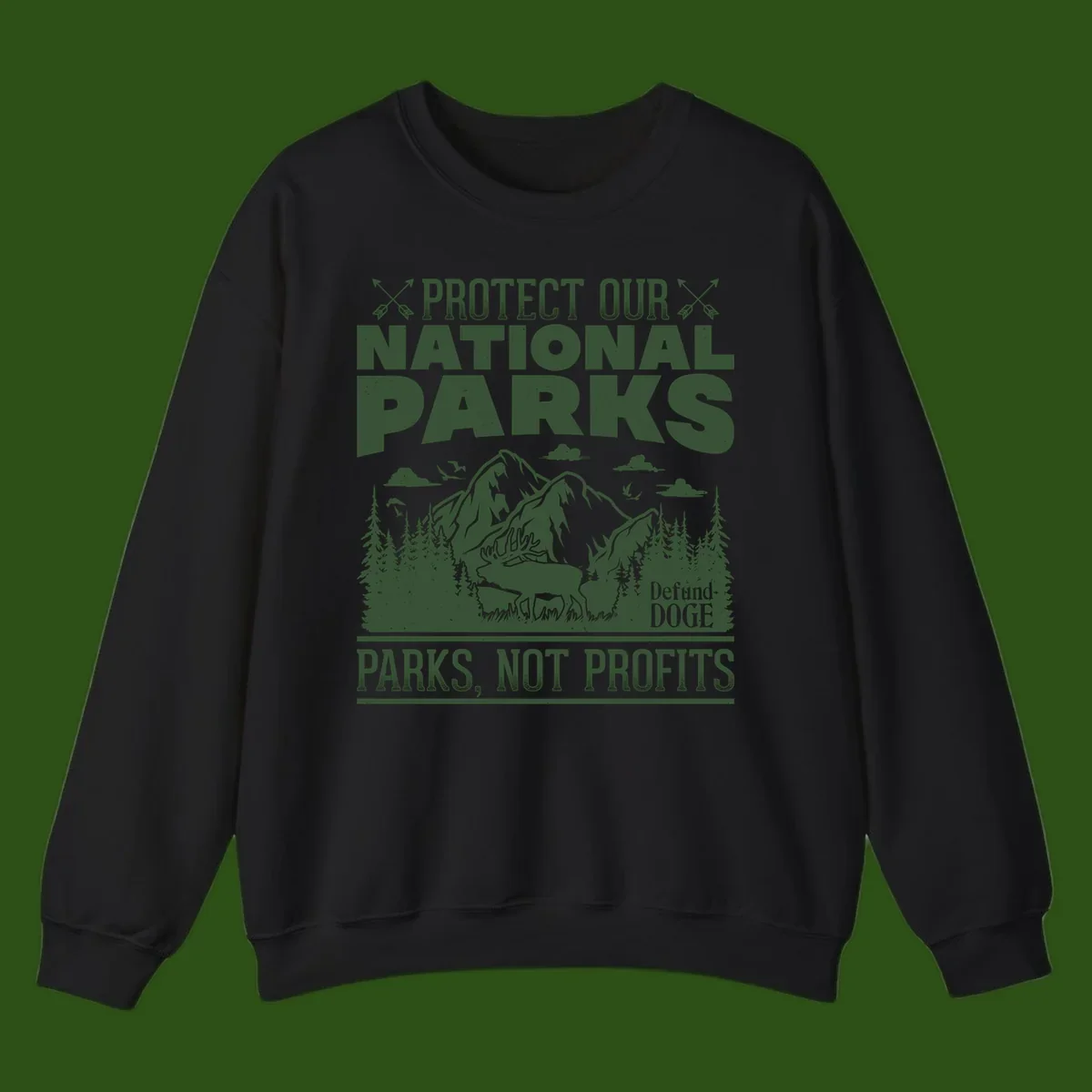 Vintage-style illustration with mountains, forests, deer and text reading 'Protect Our National Parks' and 'Parks, Not Profits' promoting conservation activism.