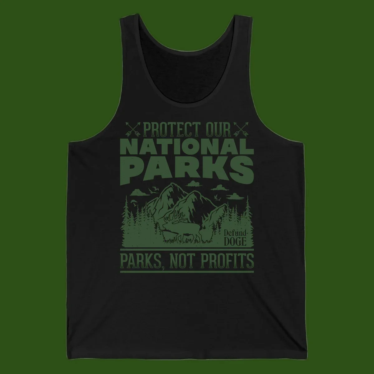 Vintage-style illustration with mountains, forests, deer and text reading 'Protect Our National Parks' and 'Parks, Not Profits' promoting conservation activism.