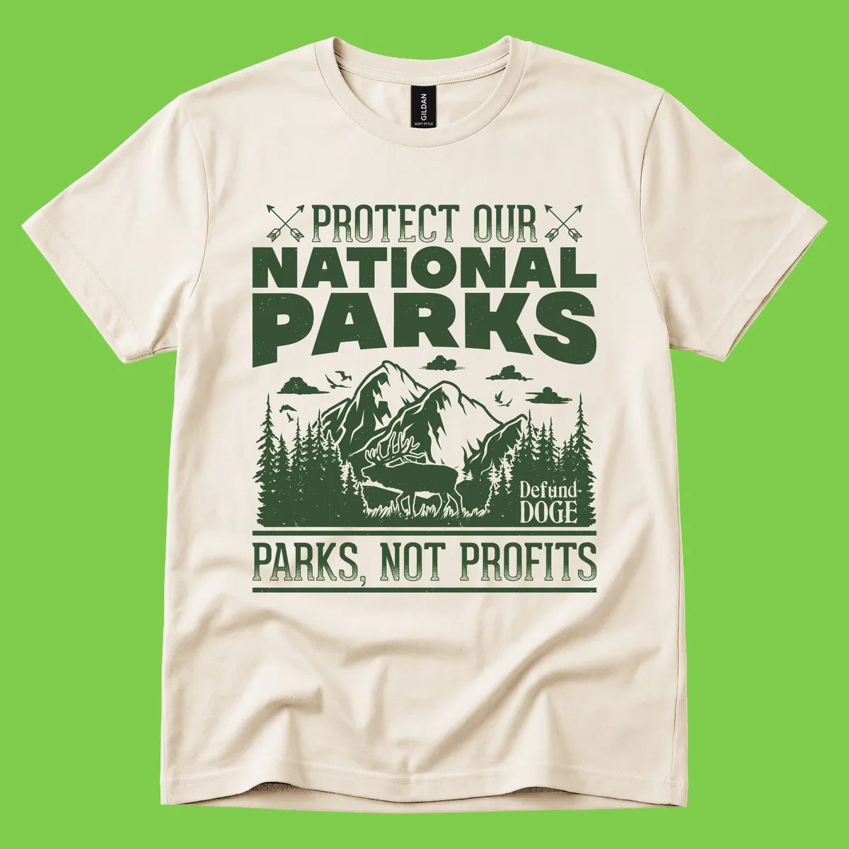 Vintage-style illustration with mountains, forests, deer and text reading 'Protect Our National Parks' and 'Parks, Not Profits' promoting conservation activism.