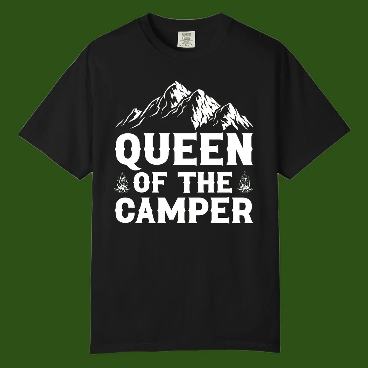 Queen of the Camper design with snow-capped mountains, campfires, and bold white text on gray background