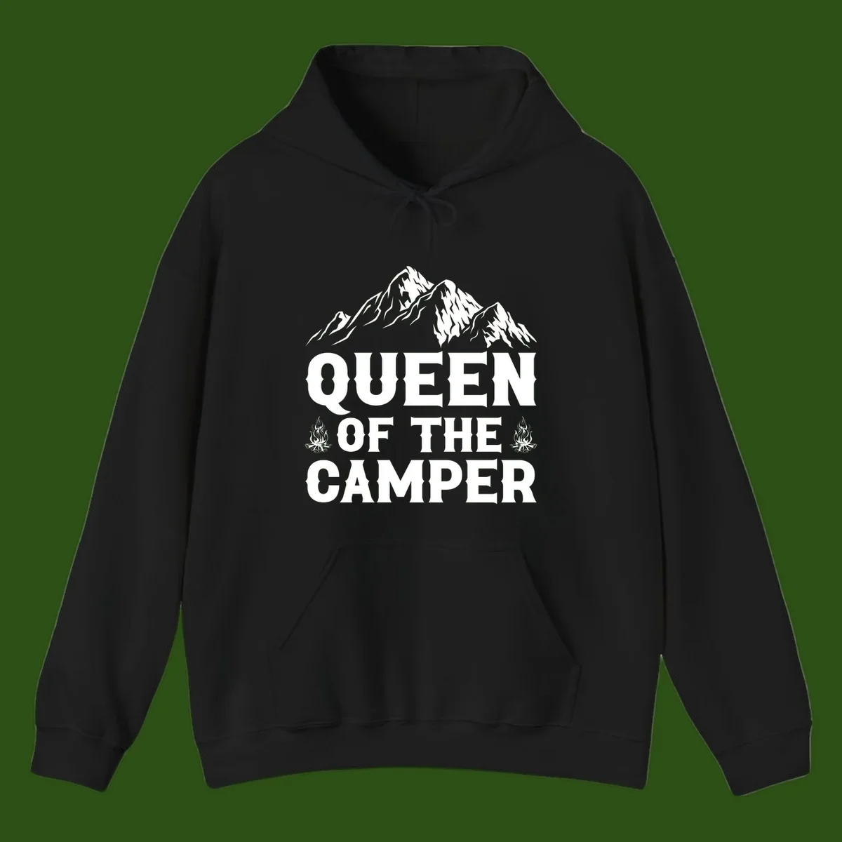 Queen of the Camper design with snow-capped mountains, campfires, and bold white text on gray background