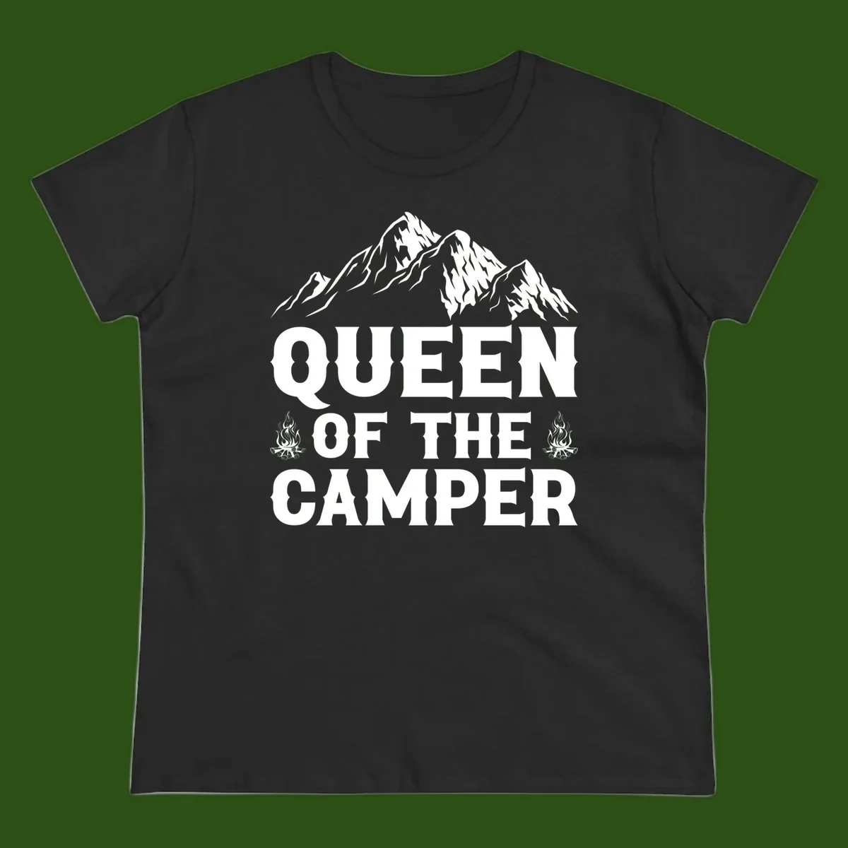 Queen of the Camper design with snow-capped mountains, campfires, and bold white text on gray background