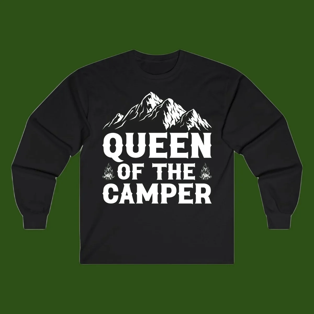 Queen of the Camper design with snow-capped mountains, campfires, and bold white text on gray background