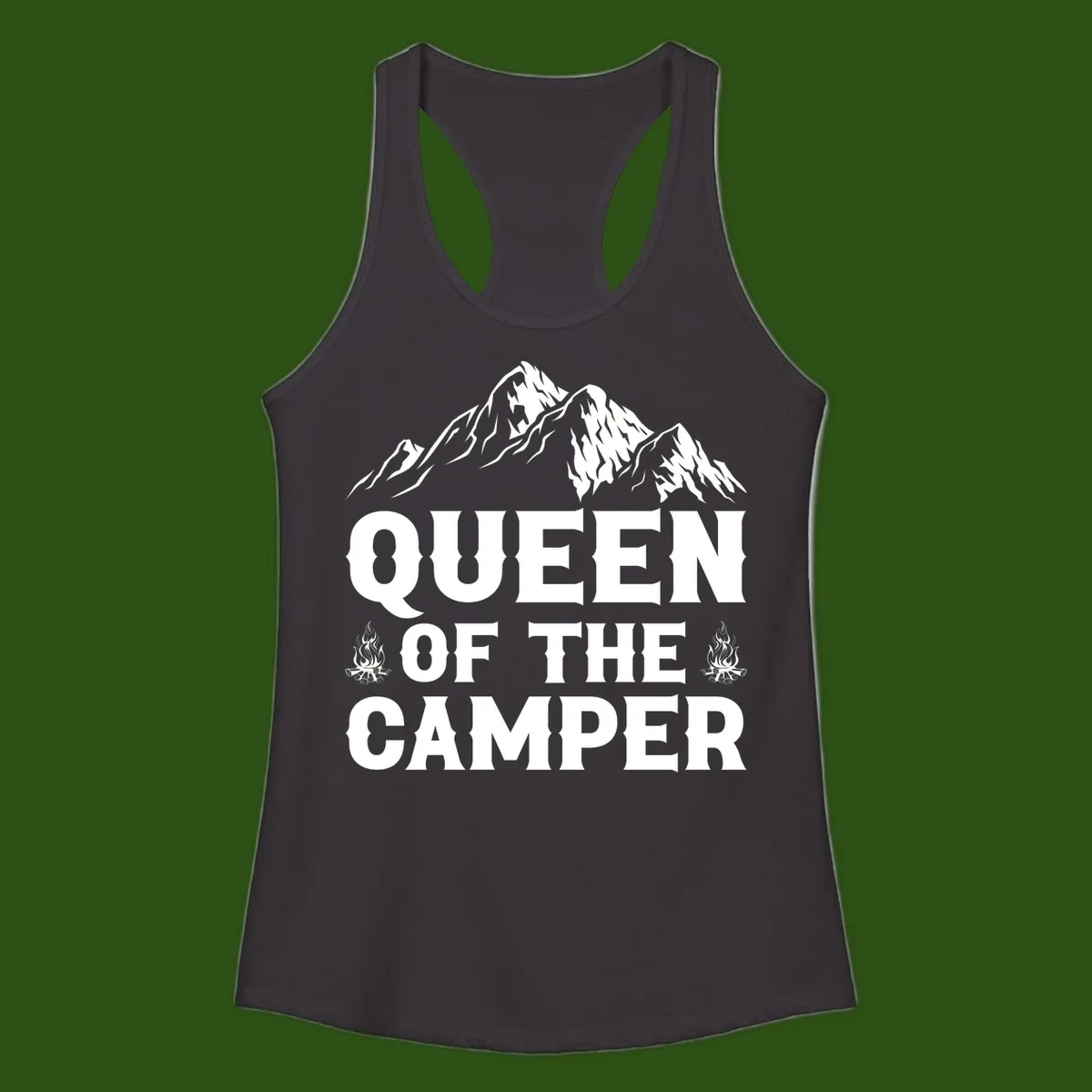 Queen of the Camper design with snow-capped mountains, campfires, and bold white text on gray background
