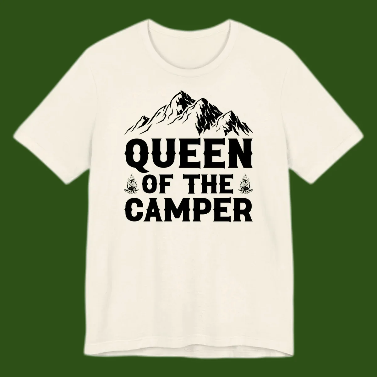 Queen of the Camper design with snow-capped mountains, campfires, and bold white text on gray background