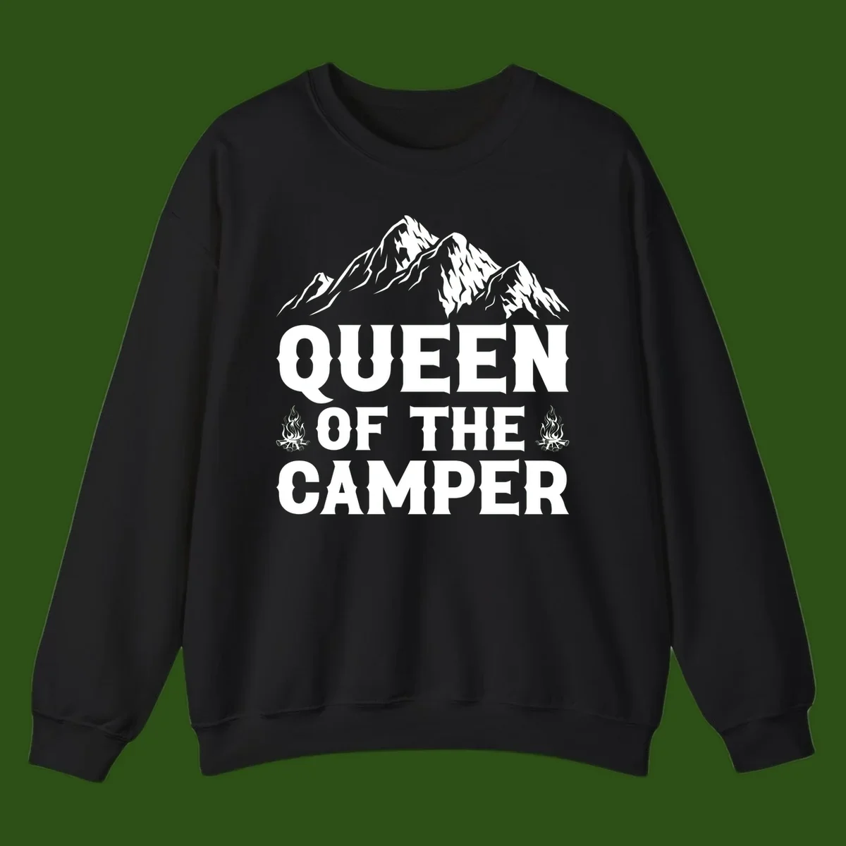 Queen of the Camper design with snow-capped mountains, campfires, and bold white text on gray background