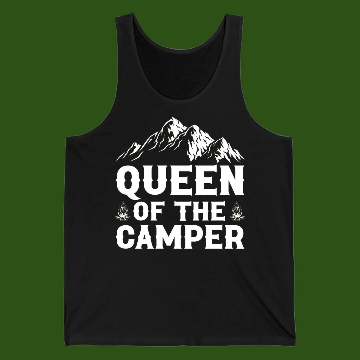 Queen of the Camper design with snow-capped mountains, campfires, and bold white text on gray background