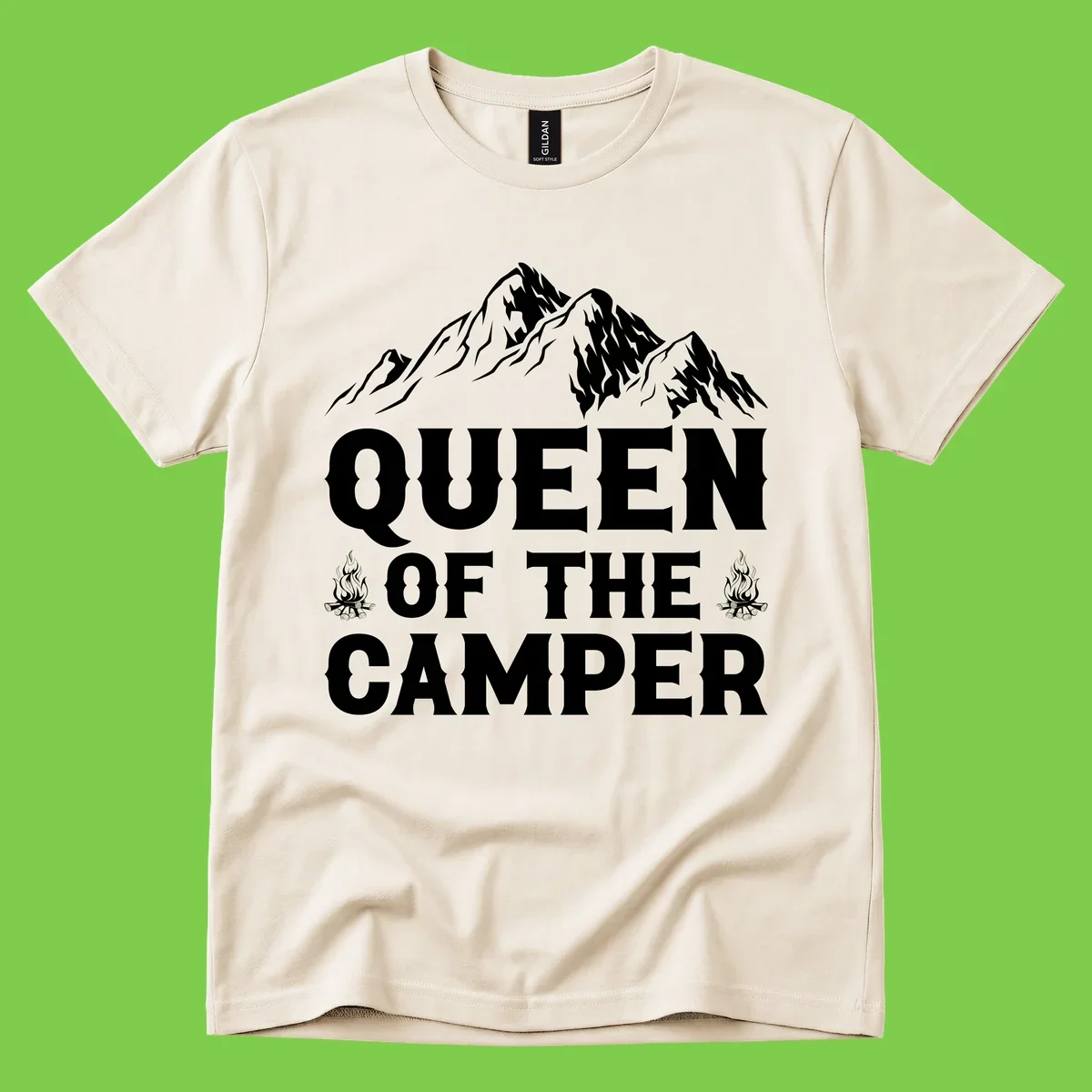 Queen of the Camper design with snow-capped mountains, campfires, and bold white text on gray background